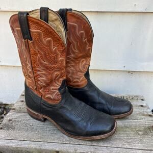 Boulet Black Leather Square Toe Rust Orange Top Cowboy Western Boots 9D #4033